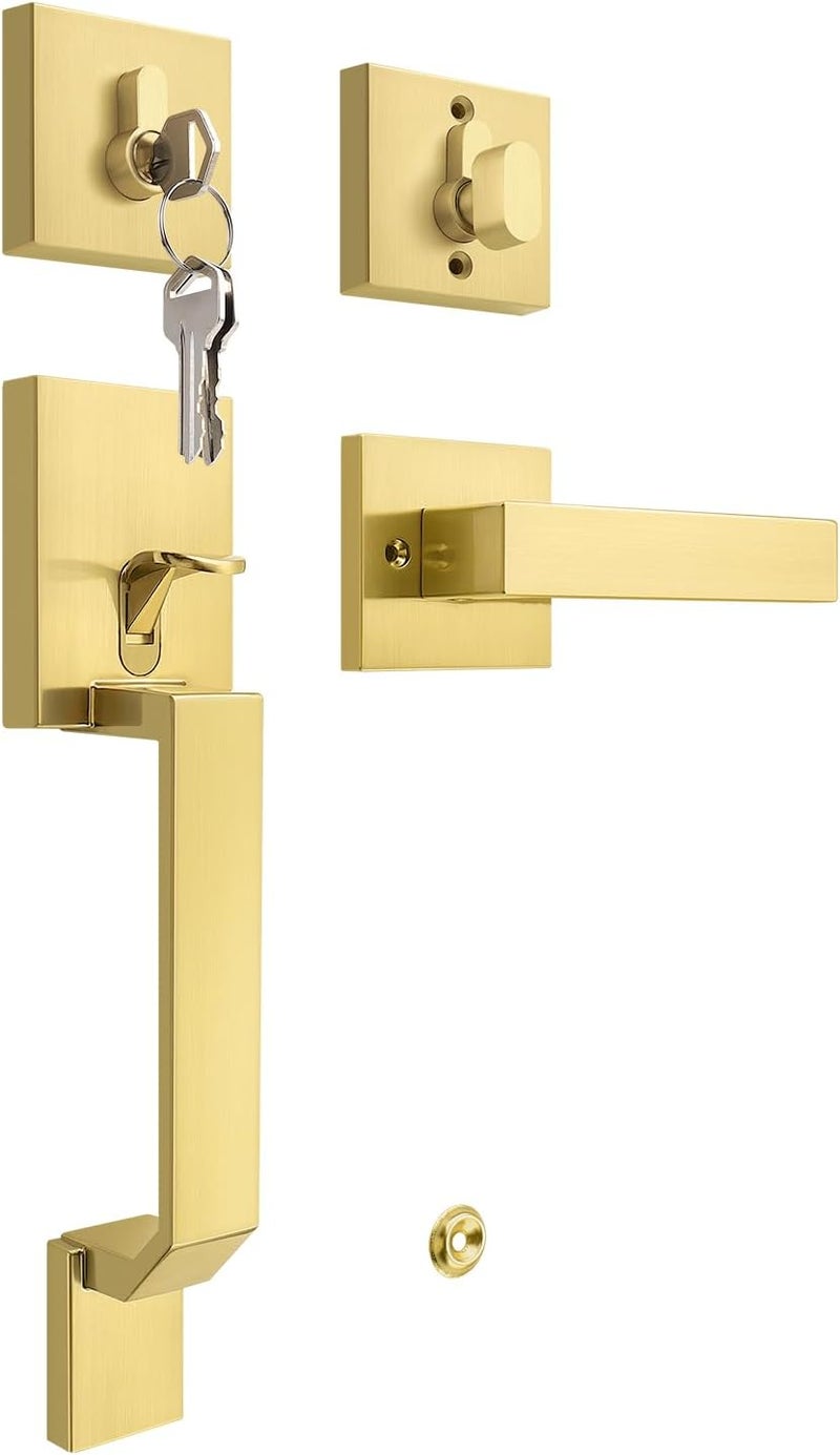 Tinewa Gold Square Front Door Handle with Classic Door Lever and Single Cylinder Deadbolt, Upgrated Exterior Entry Door Lock, Reversible for Left & Right Handed 1 Pack - Image 1